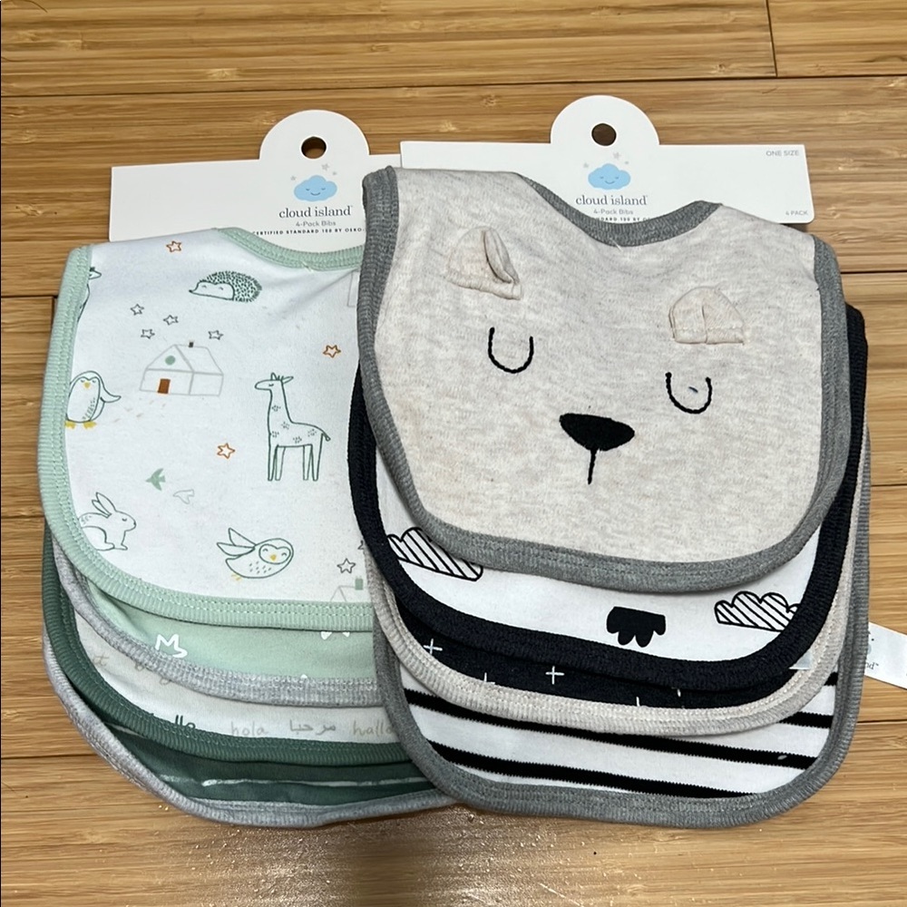 Cloud Island Animal and Pattern Bib Set - Gray, Green, Cream (2 Sets)